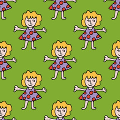 Fototapeta na wymiar Cartoon doodle girl seamless pattern. Little woman background. Vector illustration. 