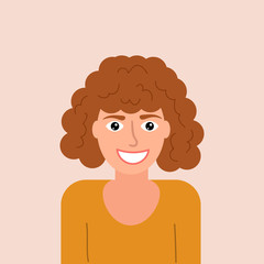 Cartoon happy young woman with curly hair in flat style isolated on yellow background. Avatar icon. Portrait. Vector illustration. 