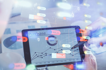 Multi exposure of man's hands holding and using a digital device and data theme drawing. Innovation concept.
