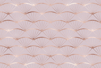 Art deco seamless pattern with rose gold fan tiles.