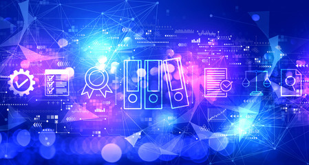 Compliance theme with technology blurred abstract light background