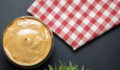 Home made popular dalgona coffee on a table,