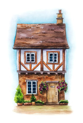Watercolor illustration of traditional English house isolated on white background. Hand drawn cute village house with hanging flowers, plants and sky. 