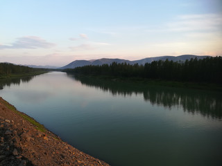River in Magadan region. Mountains at Kolyma river Russia