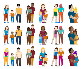 Set of colored silhouettes of different people: men, women, children, families