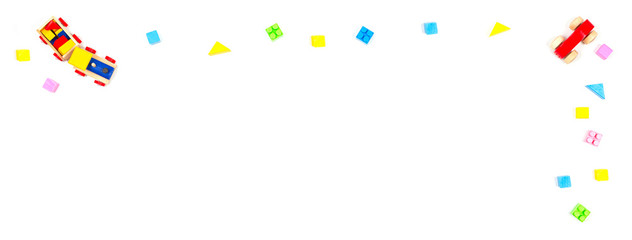 Toy banner background. Wooden educational toys for baby kids on white background. Top view