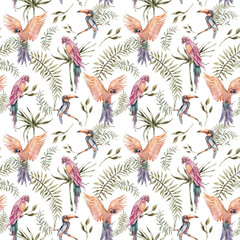 Handgemaltes tropisches nahtloses Muster des Aquarells mit exotischen Palmblättern, Tukan, Papageien auf weißem Hintergrund. Palmblätter, Dschungelblätter. Blumenmuster für Tapeten, Scrapbooking, Verpackung