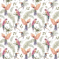 Keuken foto achterwand Papegaai Handgeschilderde aquarel tropische naadloze patroon met exotische palmbladeren, toekan, papegaaien op witte achtergrond. Palmbladeren, junglebladeren. Bloemmotief voor behang, scrapbooking, inpakken