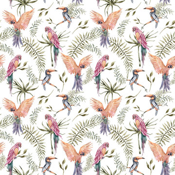 Hand painted watercolor tropical seamless pattern with exotic palm leaves, toucan, parrots on white background. Palm leaves, jungle leaves. Floral pattern for wallpaper, scrapbooking, wrapping