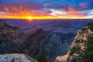 sunset at hopi point on the rim trail at the south rim of grand canyon in arizona, usa