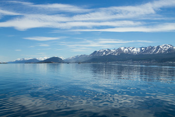 Ushuaia cityscape from Beagle channel, Argentina landscape