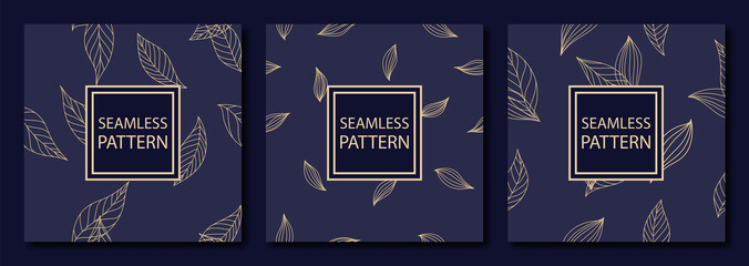 Collection of 3 luxury vintage seamless patterns with leaf. Book cover, card invitation with flower texture. Rich dark blue and gold colors. Vector illustration.