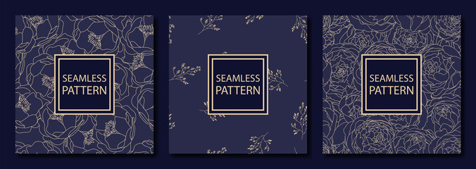 Collection of 3 luxury vintage seamless patterns with flowers. Book cover, card invitation with flower texture. Rich dark blue and gold colors. Vector illustration.