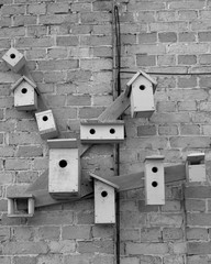 red brick wall with bird houses