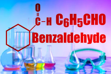 Benzaldehyde. Inscription, chemical and molecular formula of Benzoin aldehyde. Use of benzaldehyde...