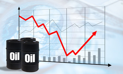 Barrels with the inscription Oil on the background of charts and quotes. Global oil production....