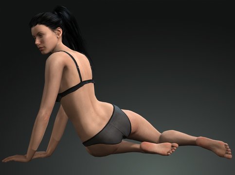 woman model in underwear and sitting on the floor . 3d illustration . female character sitting on the ground