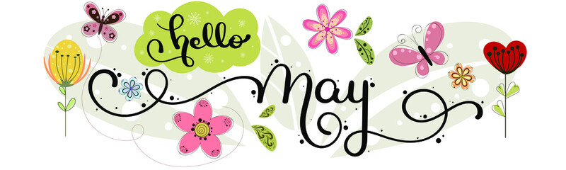 Hello May. MAY month vector with flowers and leaves. Decoration floral. Illustration month may - obrazy, fototapety, plakaty