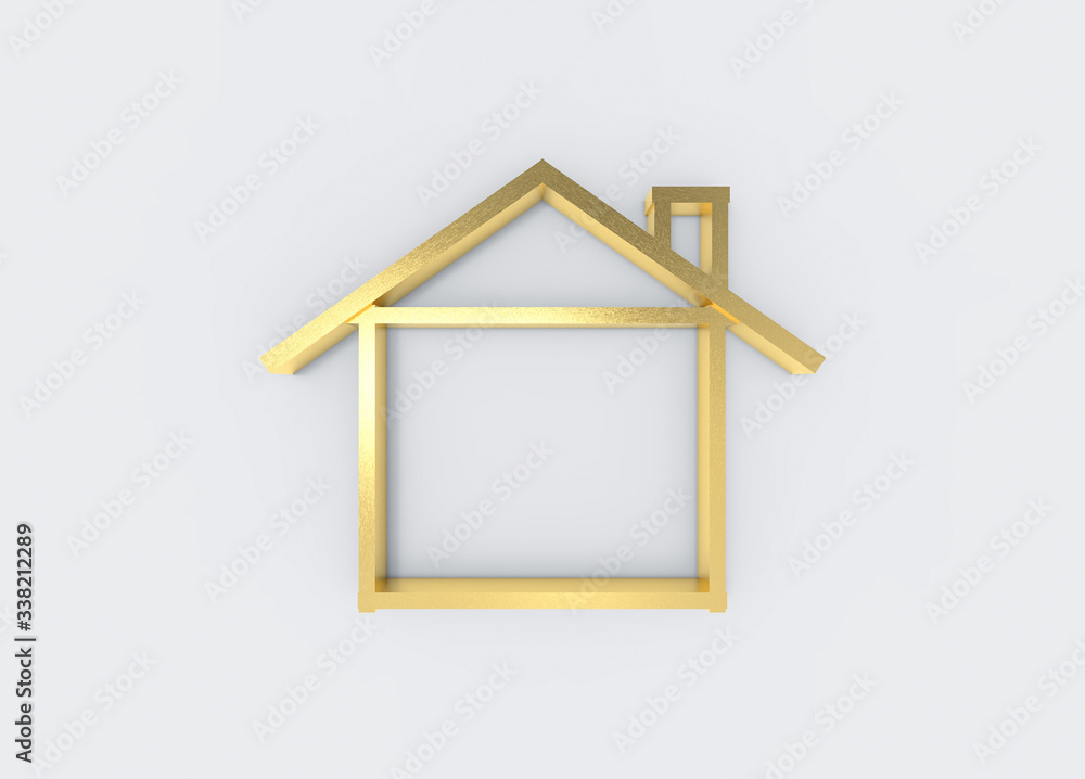 Aufkleber 3d rendering. simple composing golden bar line in house shape on gray background.