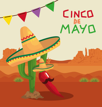 Mexican cactus and chilli with hats design, Cinco de mayo mexico culture tourism landmark latin and party theme Vector illustration