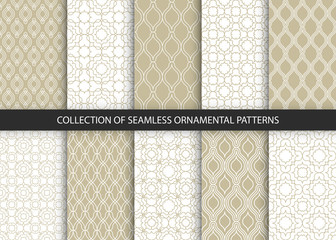 Collection of 10 oriental patterns. White and gold background with Arabic ornaments. Patterns, backgrounds and wallpapers for your design. Textile ornament. Vector illustration.