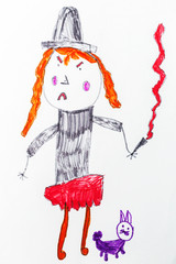 Children's drawing with a felt-tip pen-an evil witch with red hair and a black hat. Smoking girl with a purple cat on a white background.