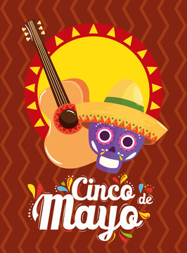 Mexican skull with hat guitar and sun design, Cinco de mayo mexico culture tourism landmark latin and party theme Vector illustration