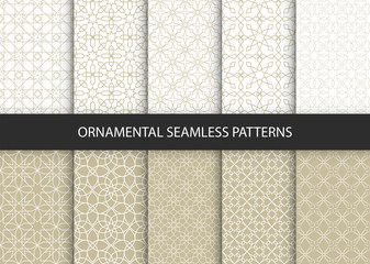 Collection of 10 oriental patterns. White and gold background with Arabic ornaments. Patterns, backgrounds and wallpapers for your design. Textile ornament. Vector illustration.