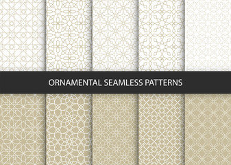 Collection of 10 oriental patterns. White and gold background with Arabic ornaments. Patterns, backgrounds and wallpapers for your design. Textile ornament. Vector illustration.