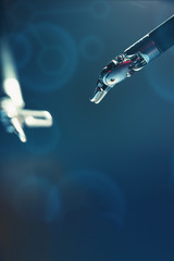 Medical robotic surgical arm, surgeon medical robot davinci surgery technology machine.Robotic surgery for neurosurgery medical robotic futuristic health care medicine. Minimally invasive microsurgery