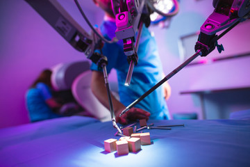 Medical robotic surgical arm, surgeon medical robot davinci surgery technology machine.Robotic...