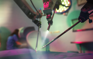Medical robotic surgical arm, surgeon medical robot davinci surgery technology machine.Robotic surgery for neurosurgery medical robotic futuristic health care medicine. Minimally invasive microsurgery
