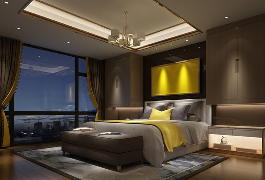 3d render of modern hotel room, bedroom