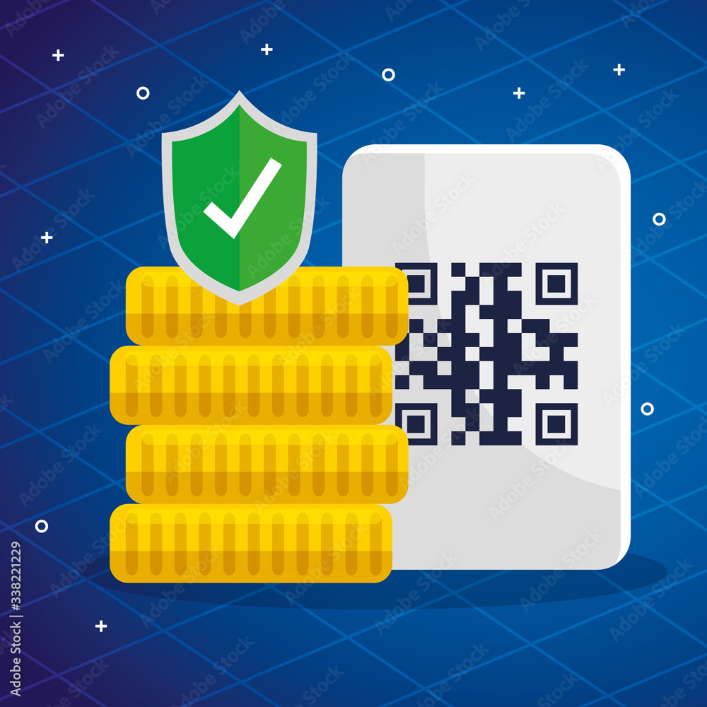 Poster qr code over receipt coins and shield design of technology scan information business price communica