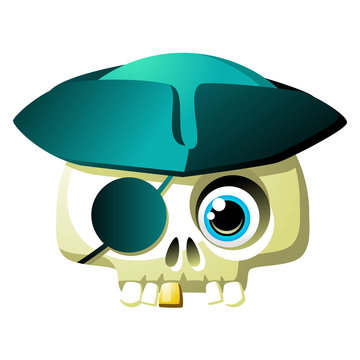 Funny and kid-friendly vector drawing of a cute pirate skull with a gold tooth, a blue eye, an eye patch and a tricorn hat isolated on white.
