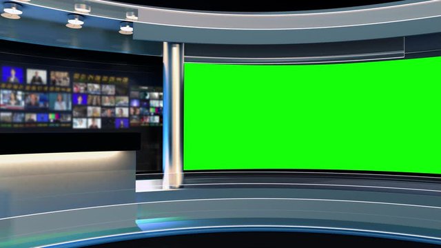 Tv Studio. Blue Studio. News studio. Greenscreen background. Newsroom Background for News Broadcasts. Blurred of studio at TV station. News channel design. Control room. 3D rendering
