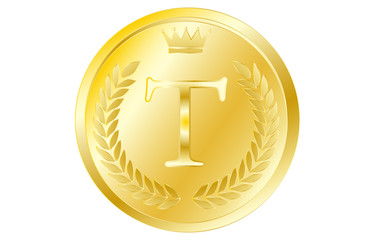 月桂冠と王冠のアルファベットコイン T