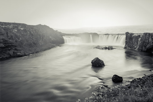 Black and white image of the Godafoss waterfall, Iceland