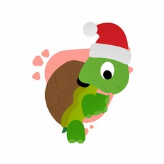 Illustration of Turtle Stands While Wearing A Santa Hat Cartoon, Cute Funny Character, Flat Design