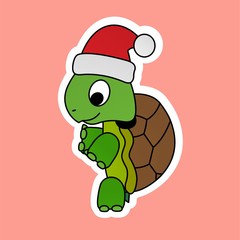 Sticker of Turtle Stands While Wearing A Santa Hat, Cute Funny Character, Flat Design