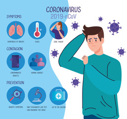 man sick and infographic of coronavirus 2019 ncov and icons vector illustration design