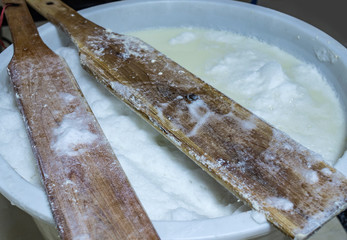 Tofu workshop grinds soy milk