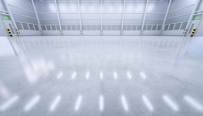 3d rendering of empty warehouse building with concrete floor.