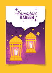 Naklejka premium ramadan kareem poster with lanterns hanging vector illustration design