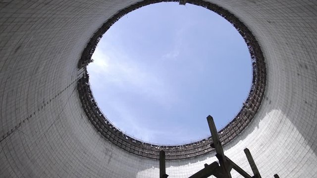 Colling Tower of Chernobyl Nuclear Power Plant. Wide Dolly Shot