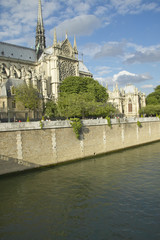 Notre Dame Cathedral next to the Seine River, Paris, France