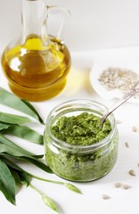 pasta sauce of wild garlic with sunflower seeds