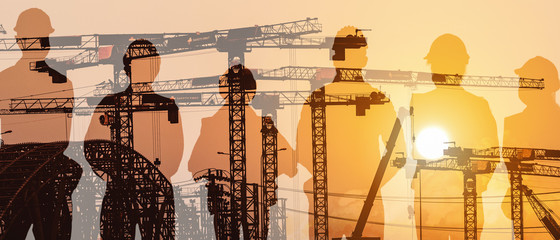 multiexposure construction industrial background of shadow of construction project engineers and...