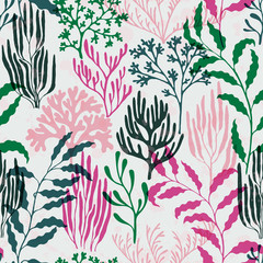 Coral polyps seamless pattern., Mediterranean staghorn and pillar corals bushes.