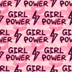 Seamless pattern with female different colors lipstick kiss and girl power inscription. Feminist slogan background.